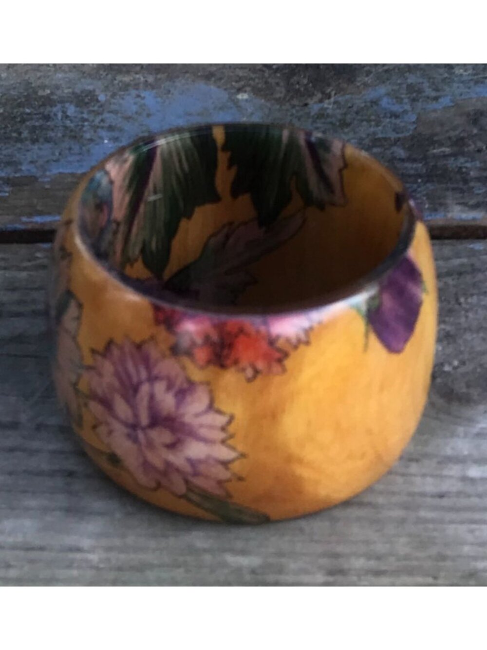 Wide 1970s Runway Lucite Bangle Bracelet Wood Grain and Floral Print Multicolor - Picture 2 of 7